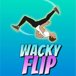 Gameplay screenshot of the Wacky Flip game showing a character mid-flip over a colorful slope.