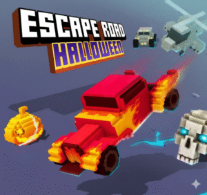 Gameplay screenshot from Escape Road Halloween showing a car dodging spooky obstacles