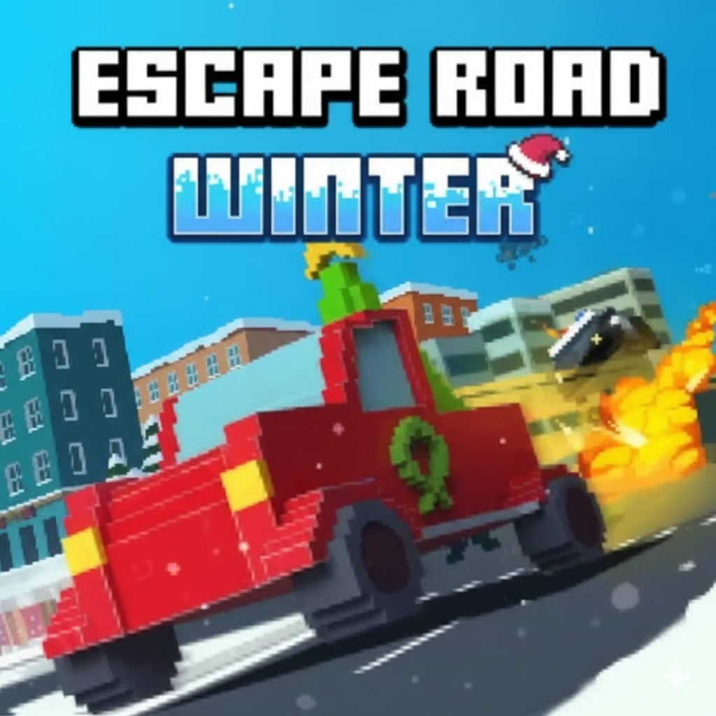 The game cover for Escape Road Winter, showing a festive red truck in a chaotic police chase.