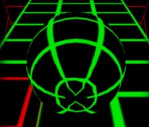 A neon green ball rolling down a steep, futuristic track in the game Slope 4