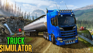 An in-game screenshot of Truck Driving Simulator Game showing a customized truck driving through a realistic Asian landscape with mountains and villages.