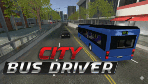 A first-person view from inside a City bus driver simulator game, showing the steering wheel and a detailed city street with traffic and passengers waiting at a bus stop.