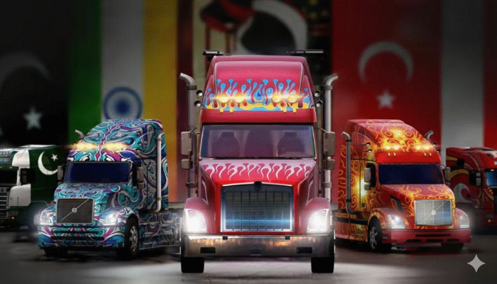 A screenshot from the game Big Euro Truck Driving, showing a red haulage truck driving on a scenic highway through a mountain valley at sunset.