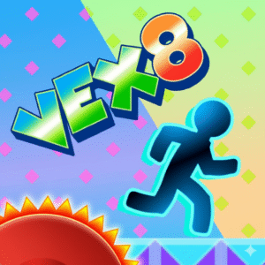 The Vex 8 game title screen showing the stickman hero ready for action.
