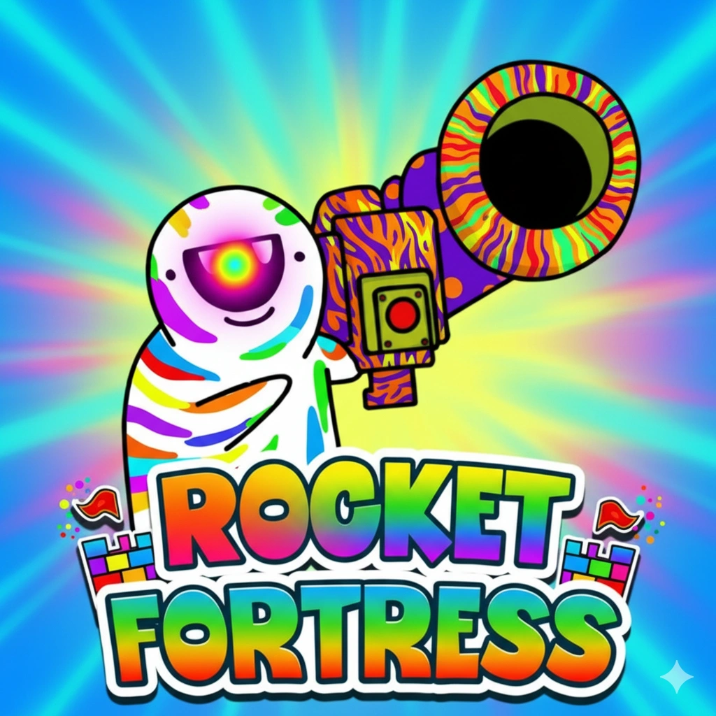 Gameplay screenshot of a custom-built Rocket Fortress firing missiles at an enemy base.