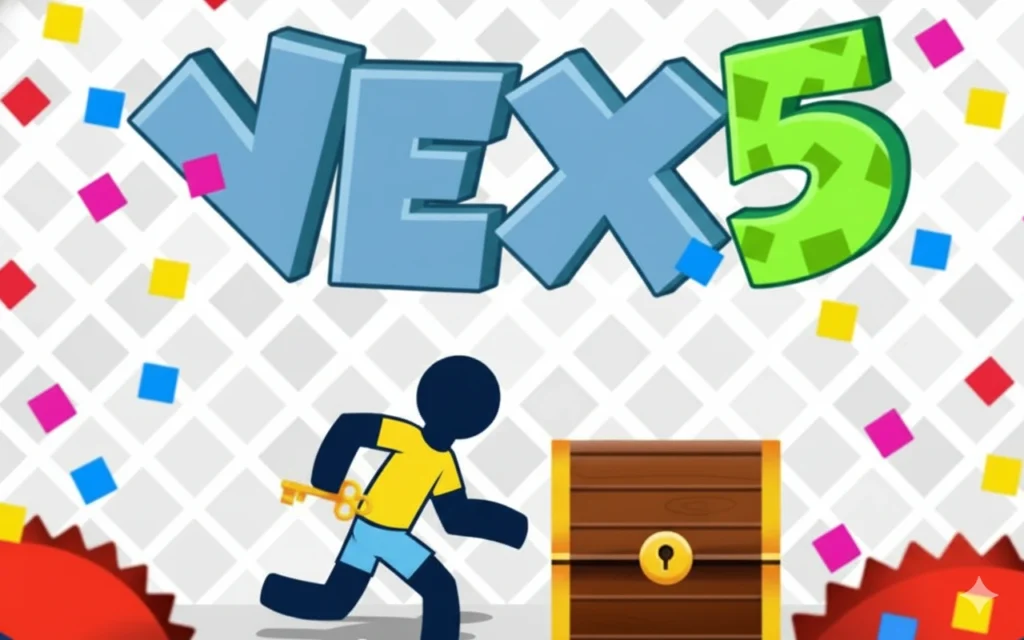 The official logo for the browser game Vex 5, with a stickman character running with a golden key towards a locked treasure chest, set against a festive background.