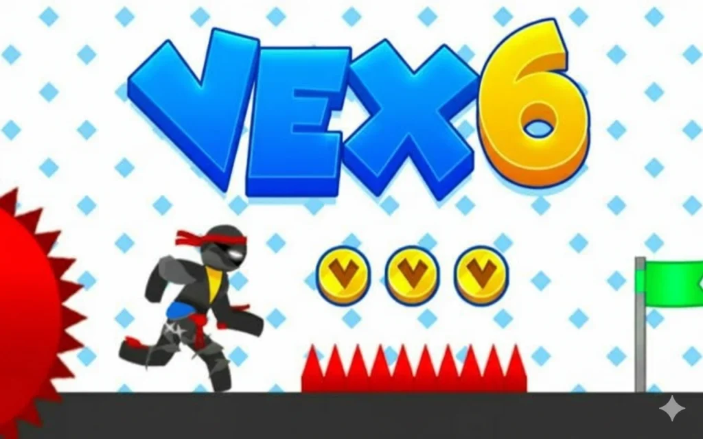The official logo for Vex 6, with a stickman character heroically jumping over a dangerous spinning saw blade in a high-stakes parkour level.
