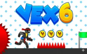 The official logo for Vex 6, with a stickman character heroically jumping over a dangerous spinning saw blade in a high-stakes parkour level.