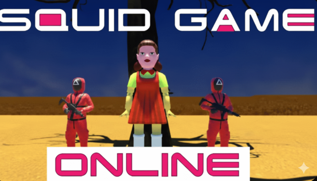 A gameplay screenshot of a squid game online browser game, showing several players in green tracksuits frozen in place during a tense "Red Light, Green Light" challenge.