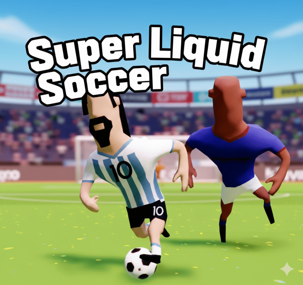 A chaotic in-game screenshot of Super Liquid Soccer, showing two teams of wobbly, colorful players piled up around the soccer ball.