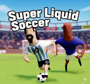A chaotic in-game screenshot of Super Liquid Soccer, showing two teams of wobbly, colorful players piled up around the soccer ball.