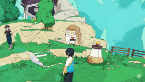 Gameplay screenshot of the Messenger browser game showing a character delivering mail on a spherical green planet.