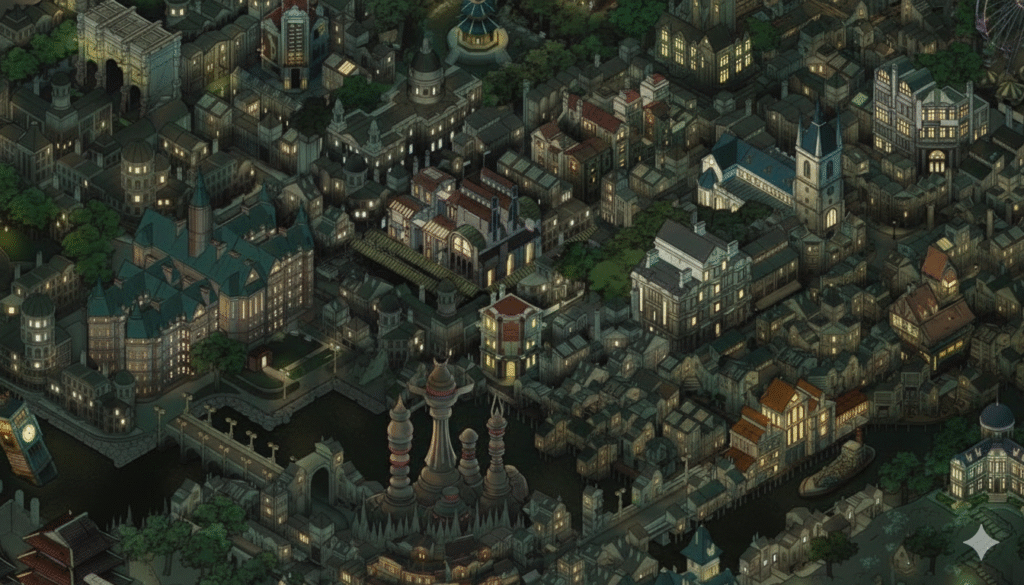 Map of the Fallen London game showing the Echo Bazaar and dark Victorian streets.
