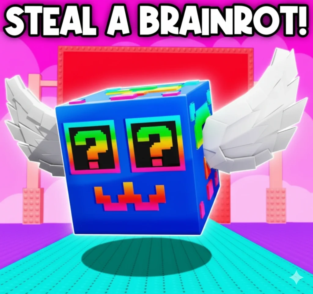 Gameplay screenshot of Steal a Brainrot on Roblox showing a player running with a rare meme character.