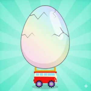 Gameplay screenshot of Eggy Car showing a yellow vehicle balancing a large egg on a steep hill.