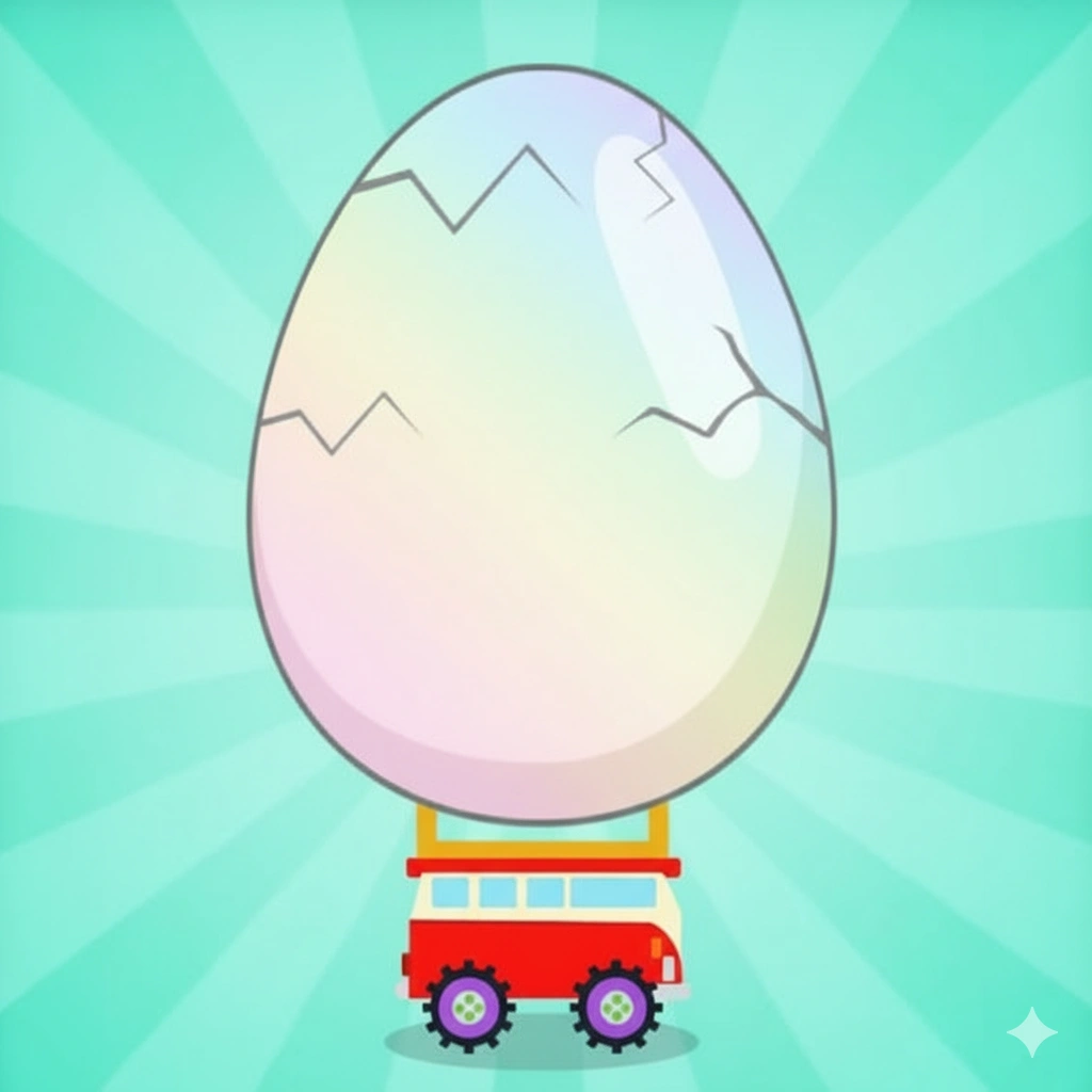 Gameplay screenshot of Eggy Car showing a yellow vehicle balancing a large egg on a steep hill.