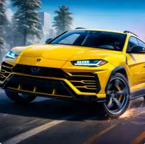 LAMBORGHINI URUS driving through a large morning city in the Urus City Driver browser game.