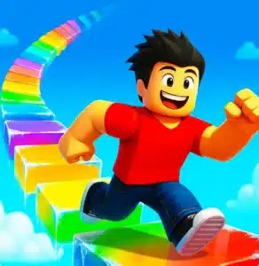 Rainbow Obby – Obby Rainbow Tower gameplay showing players jumping across icy platforms in a winter tower race