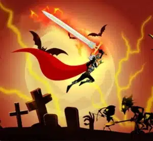 Stickman warrior fighting waves of shadow monsters in Stickman War action RPG.