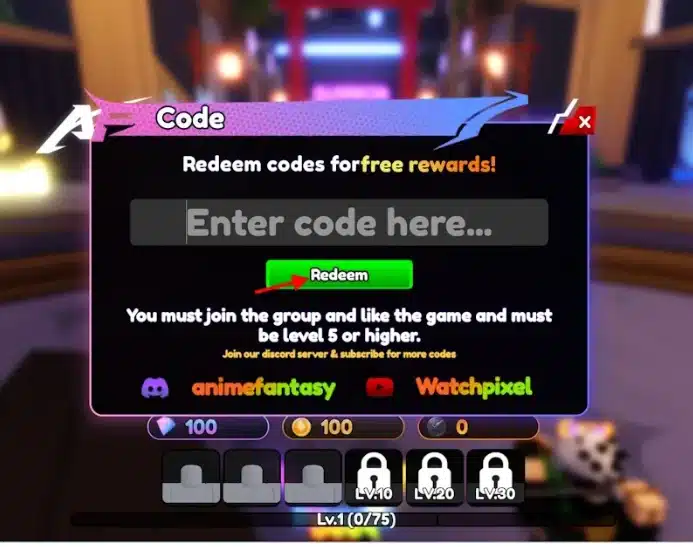 Anime Fantasy Roblox gameplay showing battle scene and anime fantasy re codes rewards