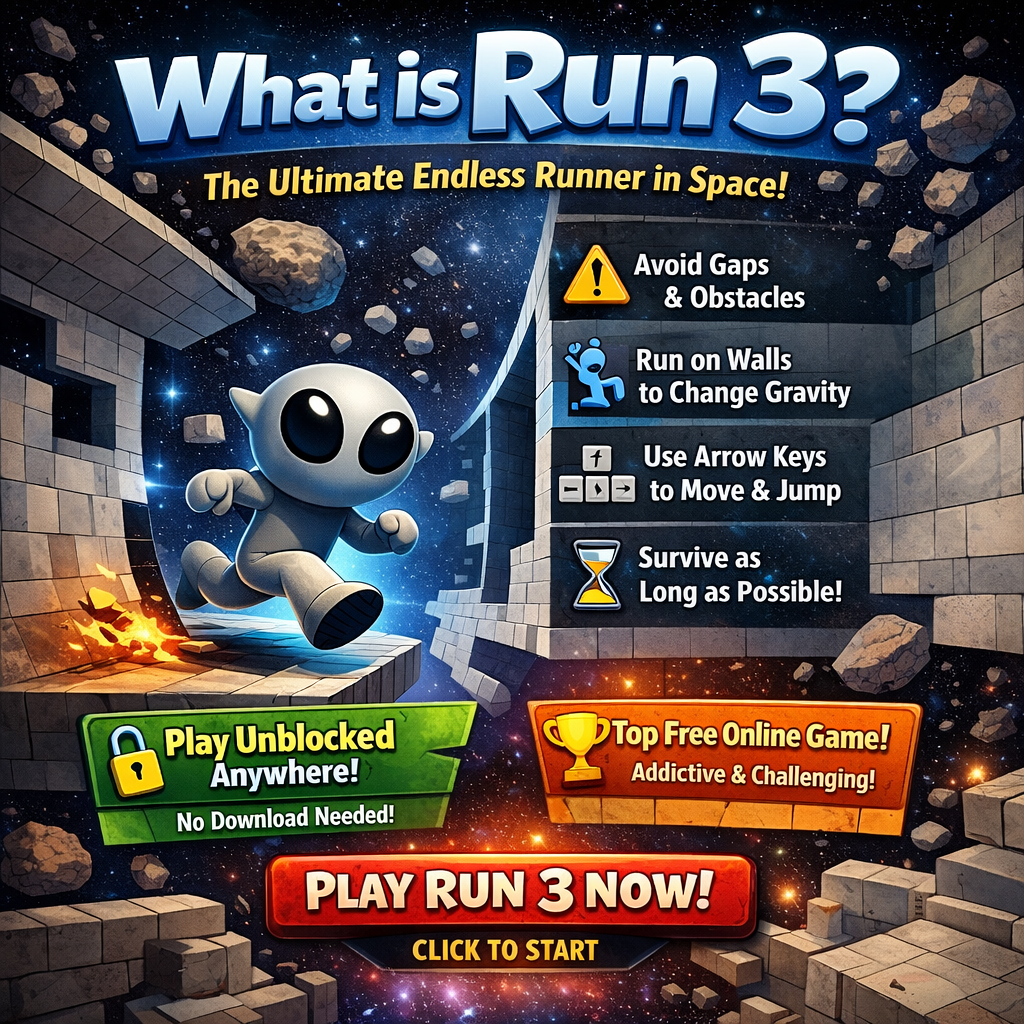 Run 3 endless runner game in space featuring alien character jumping through tunnels with obstacles and gameplay tips