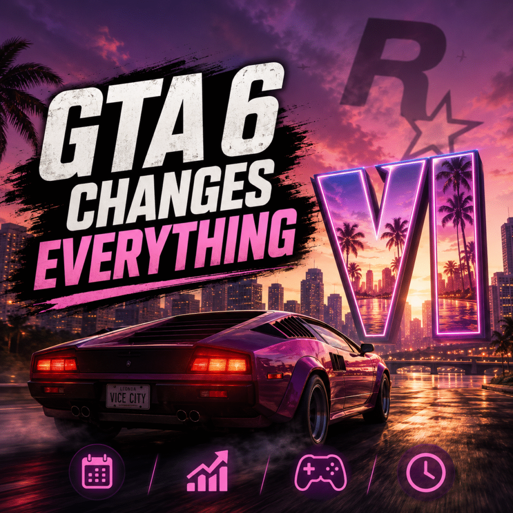 GTA 6 promotional artwork featuring a sports car driving through a neon-lit Vice City-inspired skyline at sunset, highlighting the game's massive impact on the gaming industry.