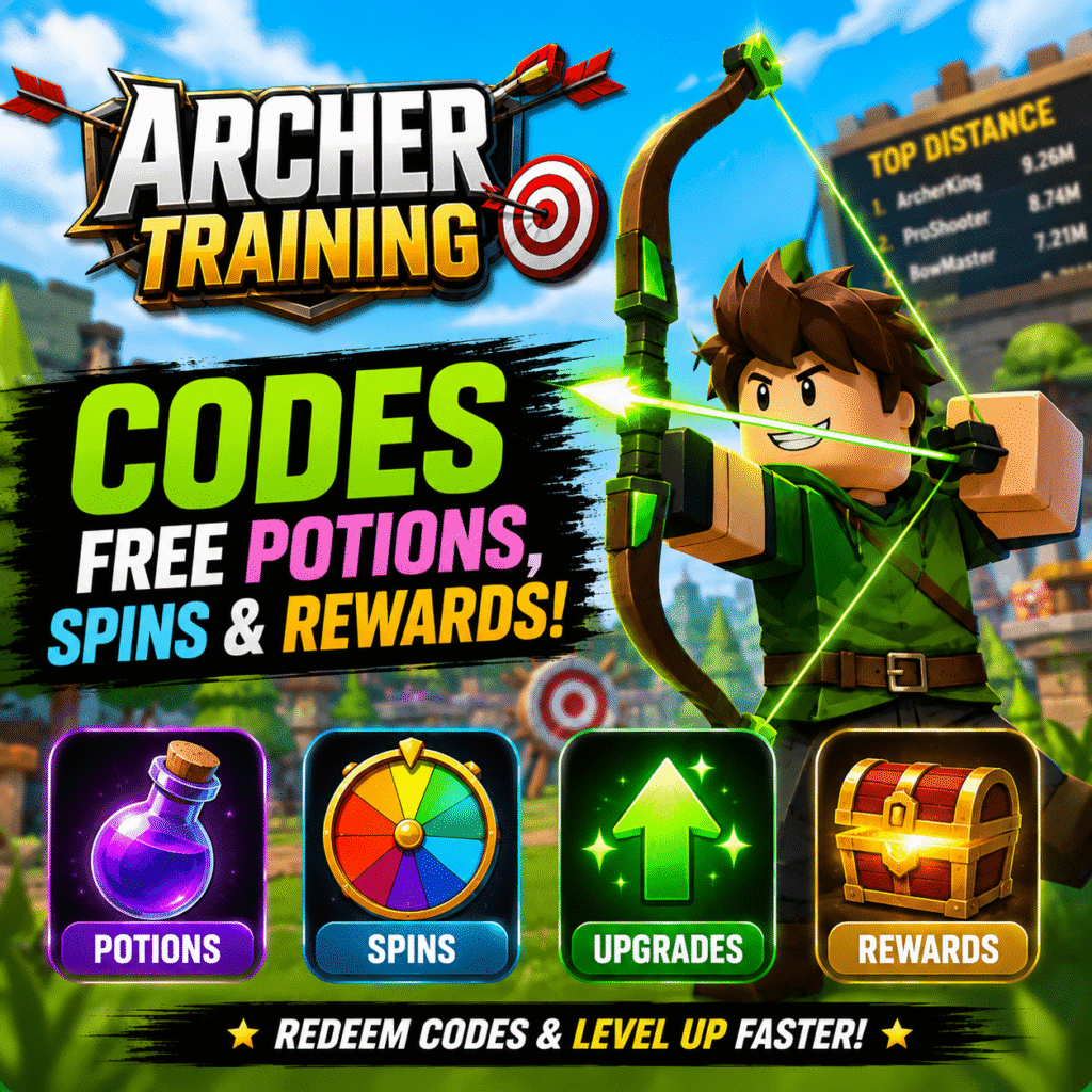 Archer Training Codes guide showing a Roblox archer character with a bow alongside free potions, spins, upgrades, and reward icons for players.