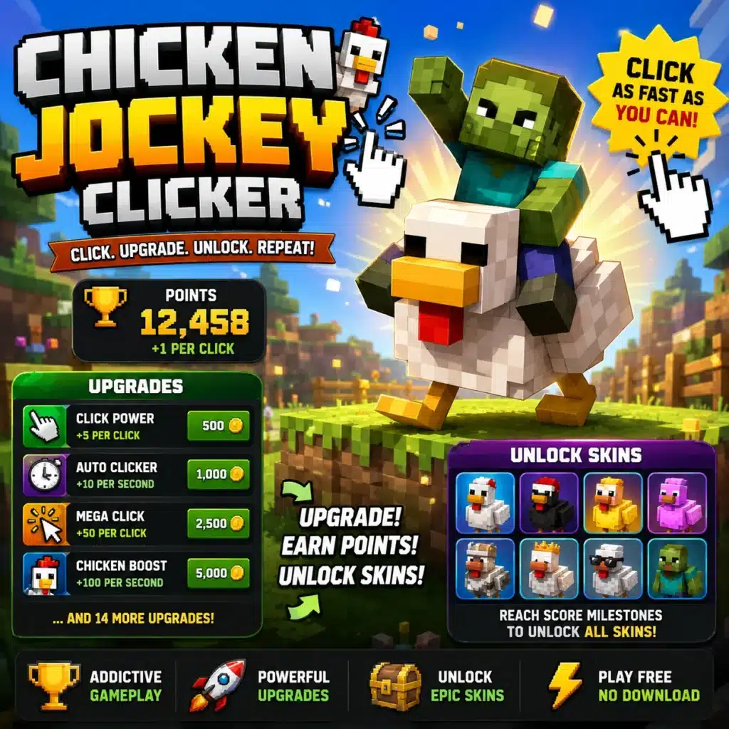 Chicken Jockey Clicker game featuring a zombie riding a chicken with upgrades, unlockable skins, and clicker gameplay