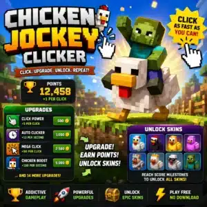 Chicken Jockey Clicker game featuring a zombie riding a chicken with upgrades, unlockable skins, and clicker gameplay