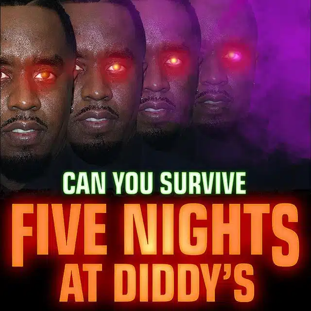 Five Nights At Diddy's horror game artwork featuring glowing-eyed Diddy faces and eerie survival horror atmosphere